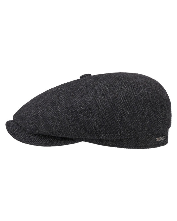 Dark Grey Coloured Stetson Hatteras Classic Wool Flat Cap On A White Background #colour_dark-grey