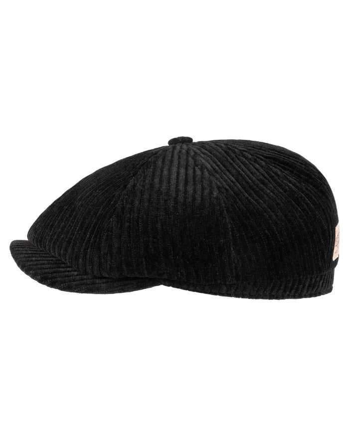 Black coloured Stetson Hatteras Corduroy Jersey Flat Cap on white background #colour_black
