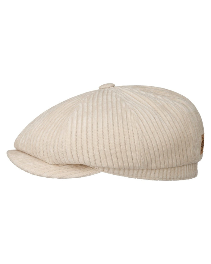 Wool White coloured Stetson Hatteras Corduroy Jersey Flat Cap on white background #colour_wool-white