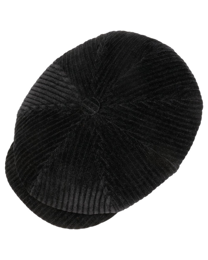 Black coloured Stetson Hatteras Corduroy Jersey Flat Cap on white background #colour_black