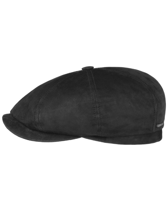 Black coloured Stetson Hatteras Goat Suede Flat Cap on white background #colour_black