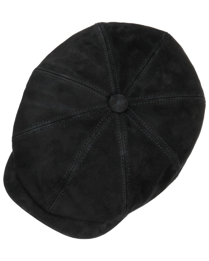 Black coloured Stetson Hatteras Goat Suede Flat Cap on white background #colour_black