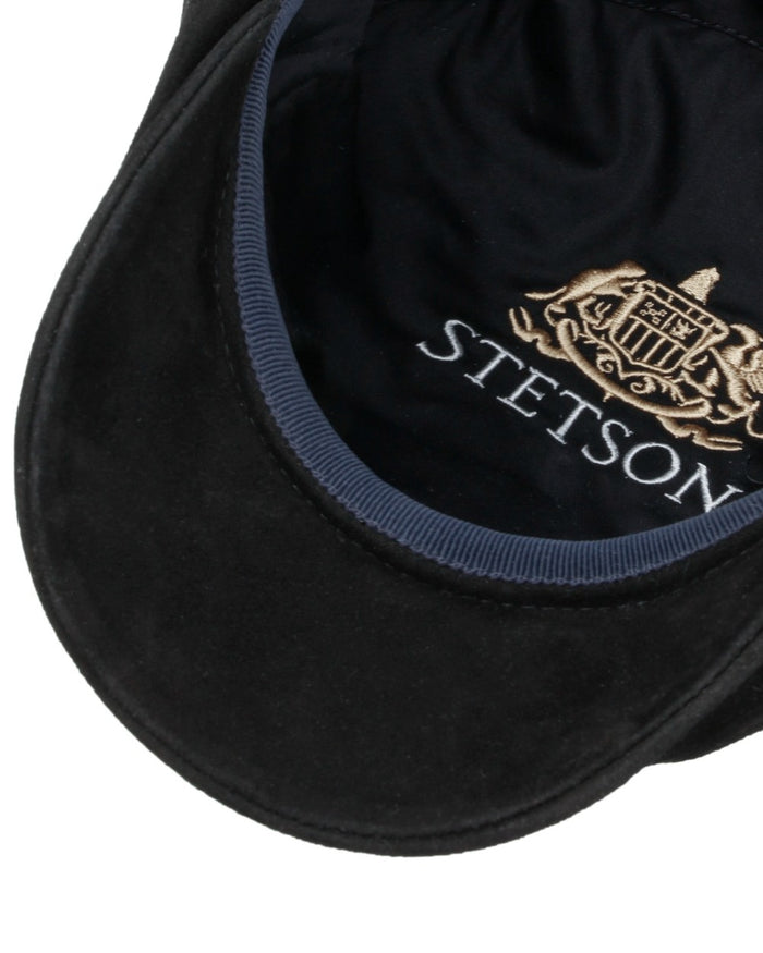 Black coloured Stetson Hatteras Goat Suede Flat Cap on white background #colour_black