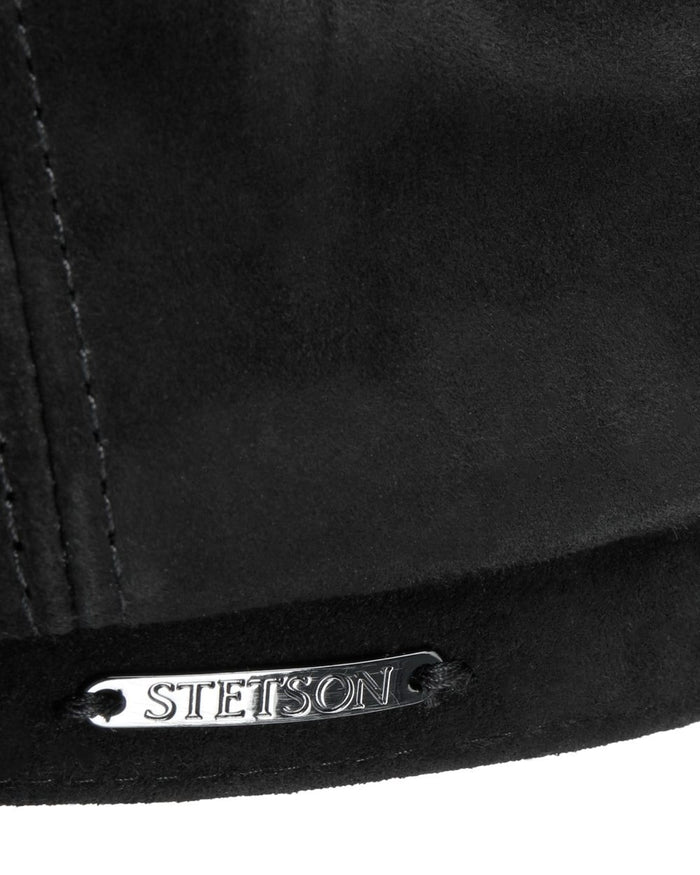 Black coloured Stetson Hatteras Goat Suede Flat Cap on white background #colour_black