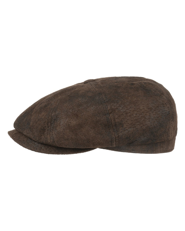 Chocolate coloured Stetson Hatteras Pigskin Leather Cap on white background #colour_chocolate