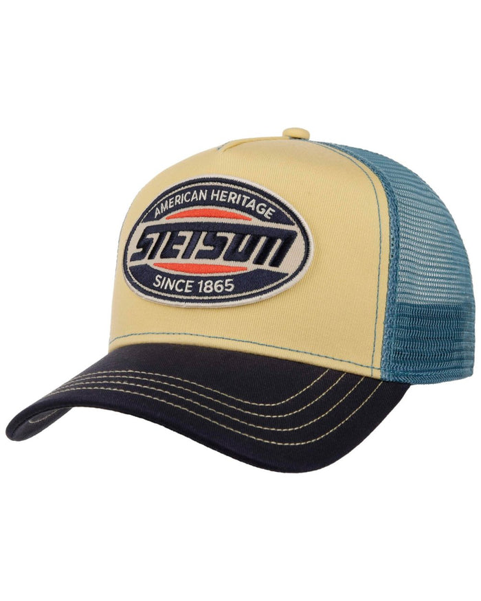 Midnight Blue Light Yellow coloured Stetson High Speed Trucker Cap on white background #colour_midnight-blue-light-yellow