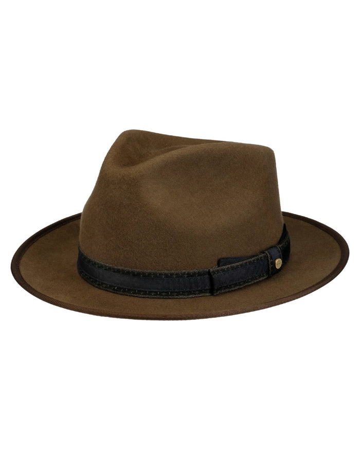 Dark Earth coloured Stetson Keota Fedora Wool Hat on white background #colour_dark-earth