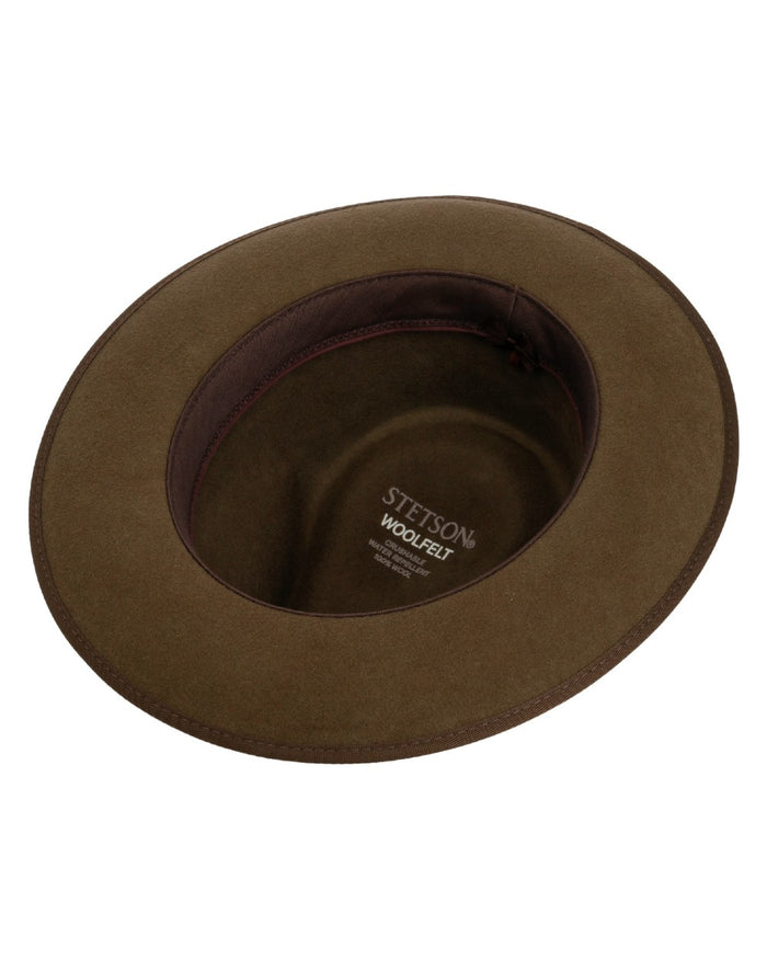 Dark Earth coloured Stetson Keota Fedora Wool Hat on white background #colour_dark-earth