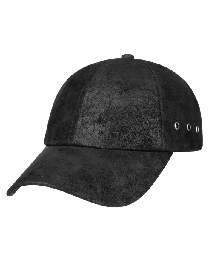 Black coloured Stetson Liberty Pigskin Baseball Cap on white background #colour_black