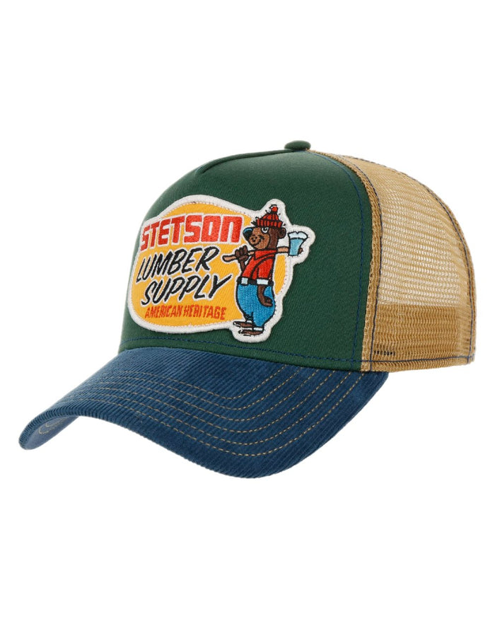 Green Coloured Stetson Lumber Supply Trucker Cap on white background #colour_green