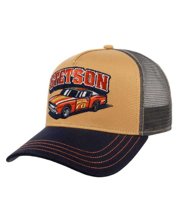 Navy Ochre coloured Stetson Muscle Car 75 Trucker Cap on white background #colour_navy-ochre