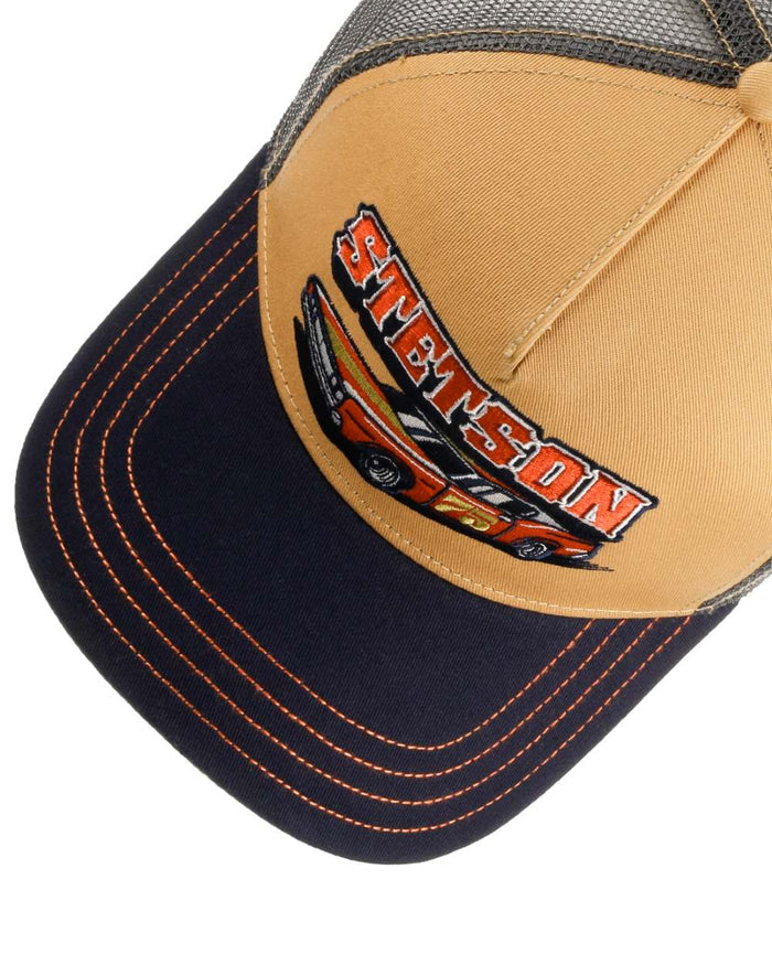 Navy Ochre coloured Stetson Muscle Car 75 Trucker Cap on white background #colour_navy-ochre