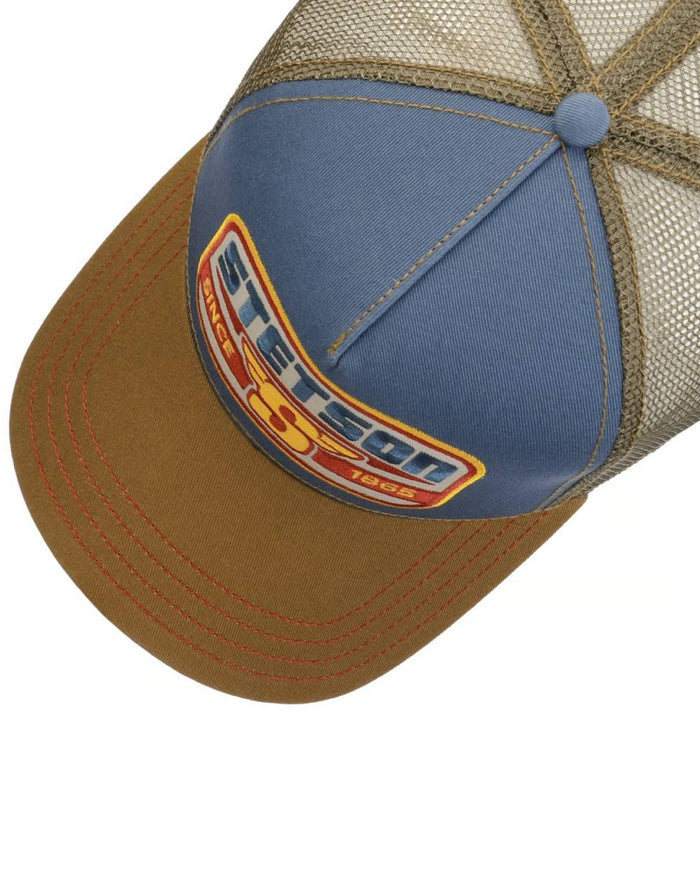 Brown Blue coloured Stetson S Wing Trucker Cap on white background #colour_brown-blue