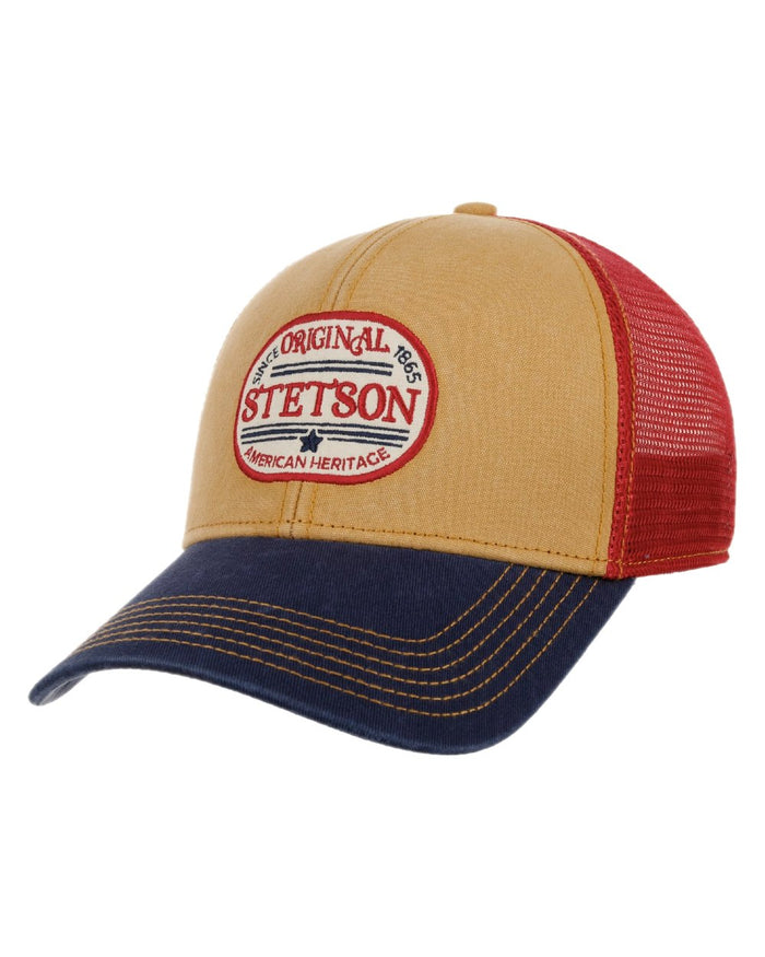 Navy ochre Coloured Stetson Since 1865 Oval Logo Trucker Cap on white background #colour_navy-ochre