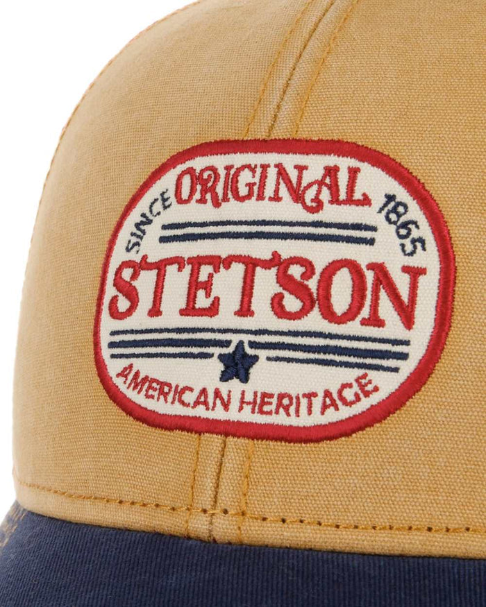 Navy ochre Coloured Stetson Since 1865 Oval Logo Trucker Cap on white background #colour_navy-ochre