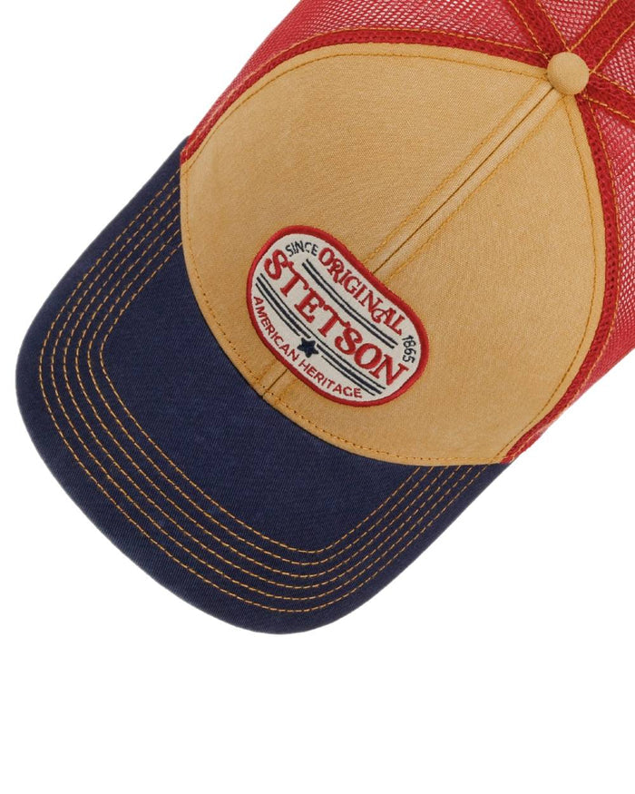 Navy ochre Coloured Stetson Since 1865 Oval Logo Trucker Cap on white background #colour_navy-ochre