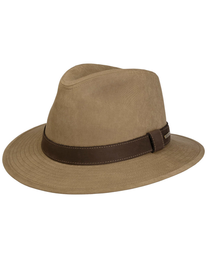 Sand Coloured Stetson Waxed Traveller Cloth Hat On A White Background #colour_sand