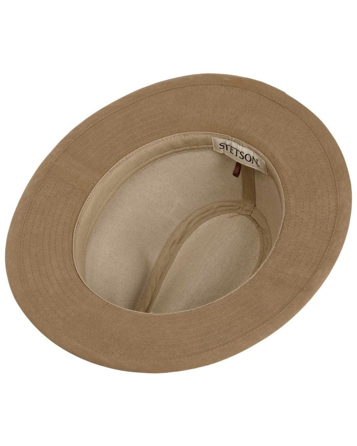 Sand Coloured Stetson Waxed Traveller Cloth Hat On A White Background #colour_sand