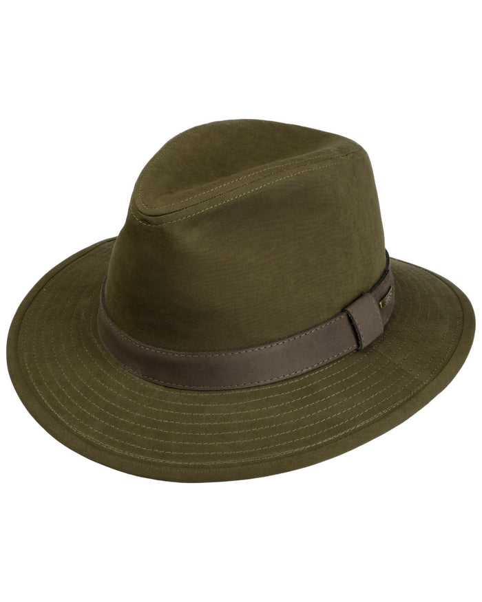 Olive Coloured Stetson Waxed Traveller Cloth Hat On A White Background #colour_olive