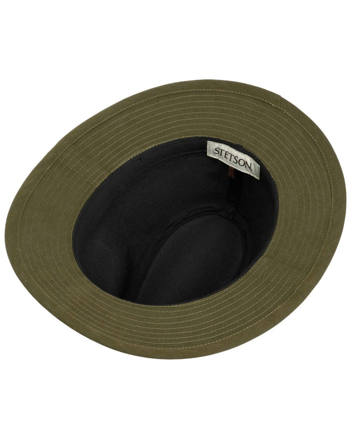 Olive Coloured Stetson Waxed Traveller Cloth Hat On A White Background #colour_olive