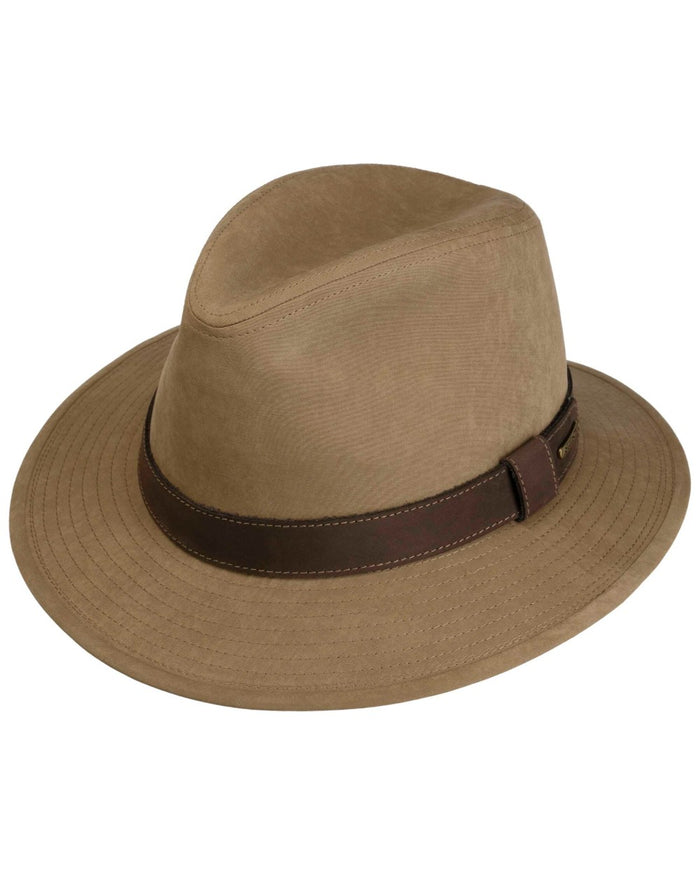 Sand Coloured Stetson Waxed Traveller Cloth Hat On A White Background #colour_sand