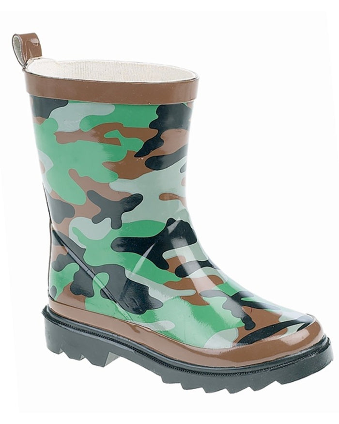 Green Brown Black coloured Stormwells Childrens Camouflage Print Wellington Boots on white background #colour_green-brown-black