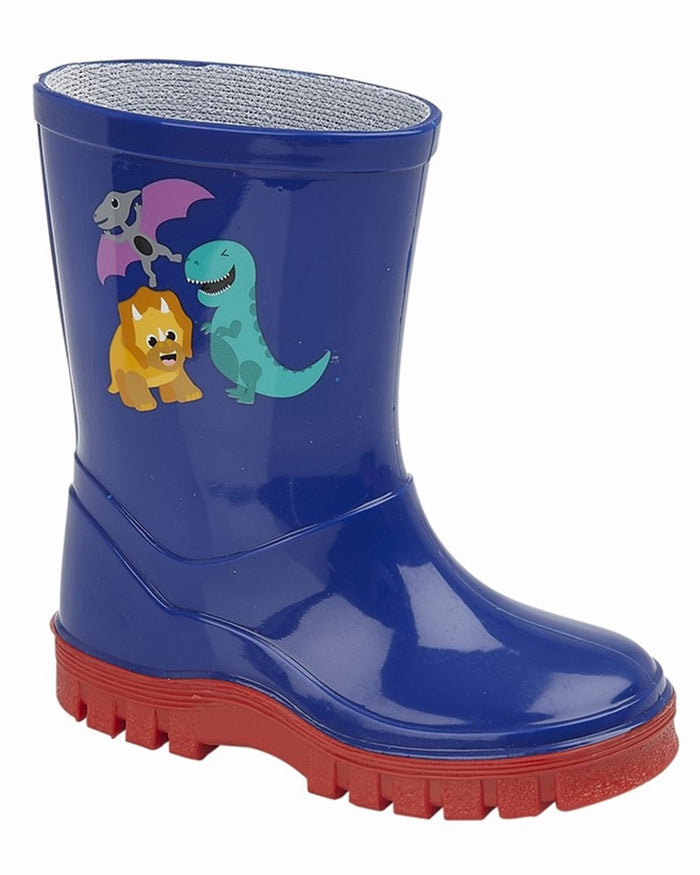 Navy coloured Stormwells Childrens Dinosaur Wellington Boots on white background #colour_navy