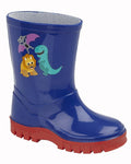 Navy coloured Stormwells Childrens Dinosaur Wellington Boots on white background #colour_navy