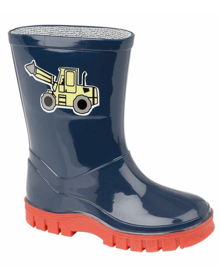 Navy Blue Red coloured Stormwells Childrens Puddle Wellington Boots on white background #colour_navy-blue-red