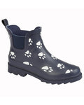 Navy Blue coloured Stormwells Womens Paw Print Ankle Wellington Boots on white background #colour_navy-blue