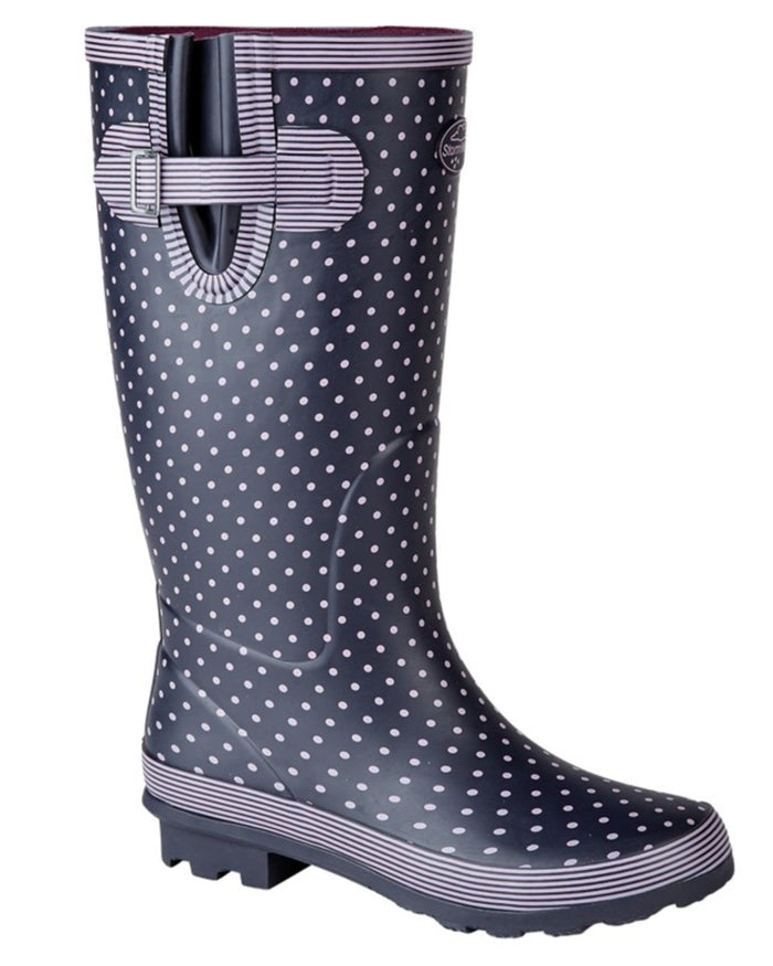 Mauve Navy coloured Stormwells Womens Polka Dot Printed Wellington Boots on white background #colour_mauve-navy