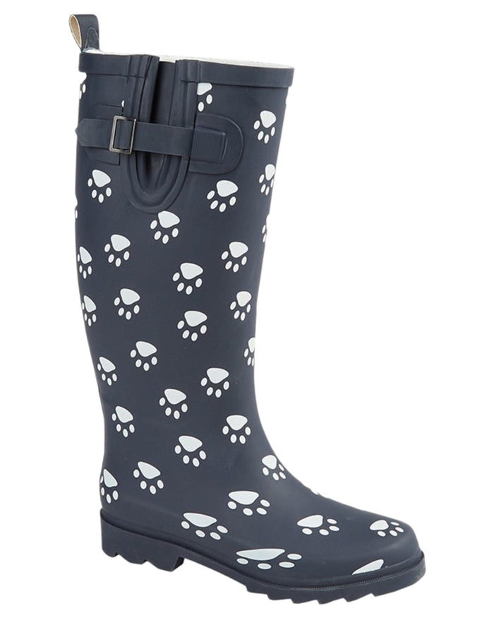 Navy Blue Paw Print coloured Stormwells Womens Printed Strap Wellington Boots on white background #colour_navy-blue-paw-print