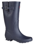 Navy Red Trim coloured Stormwells Womens Strap & V-Gusset Wellington Boots on white background #colour_navy-red-trim