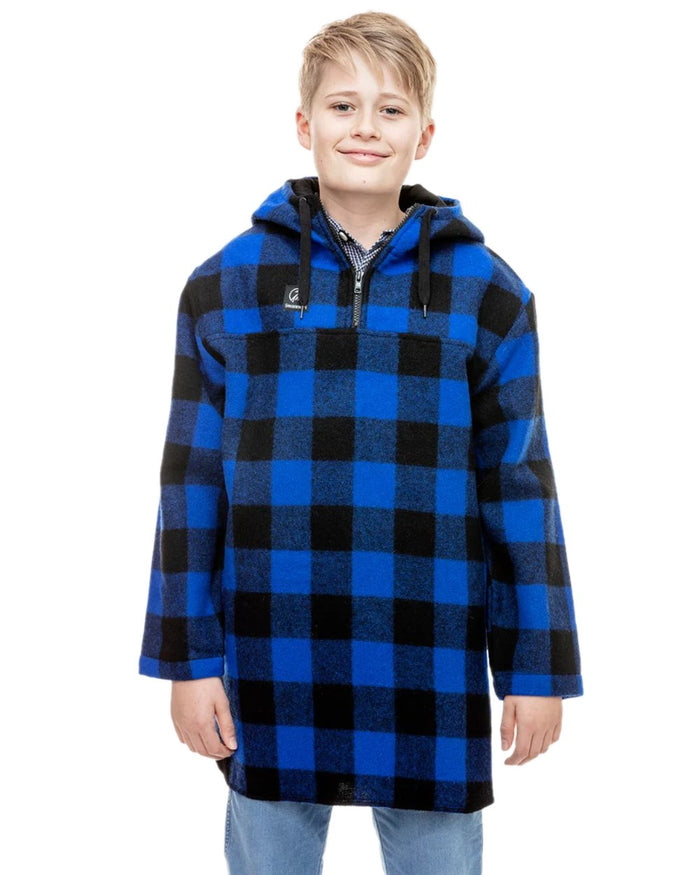 Blue Black Check Coloured Swanndri Kids Brixton Wool Bushshirt on white background #colour_blue-black-check