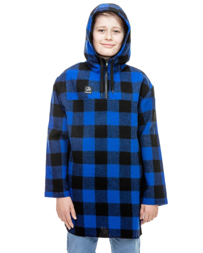 Blue Black Check Coloured Swanndri Kids Brixton Wool Bushshirt on white background #colour_blue-black-check