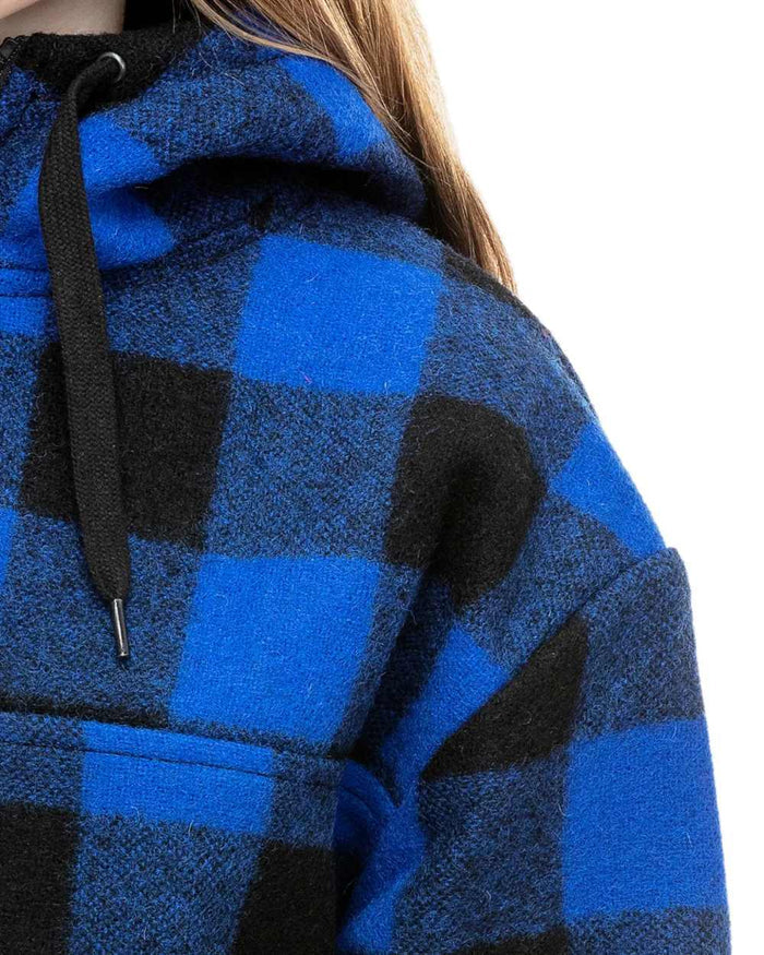 Blue Black Check Coloured Swanndri Kids Brixton Wool Bushshirt on white background #colour_blue-black-check