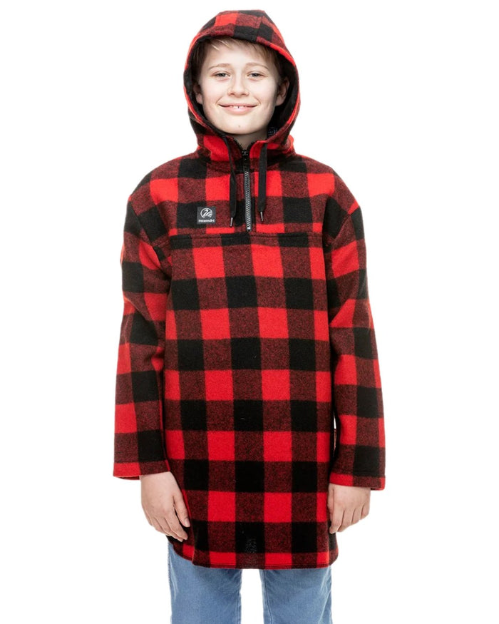 Red Black Check Coloured Swanndri Kids Brixton Wool Bushshirt on white background #colour_red-black-check