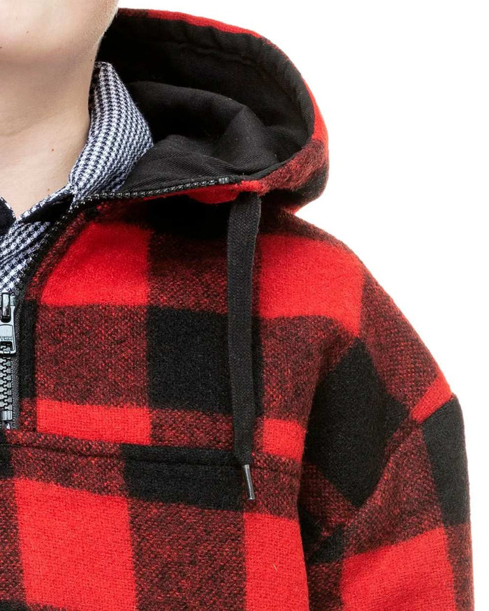 Red Black Check Coloured Swanndri Kids Brixton Wool Bushshirt on white background #colour_red-black-check