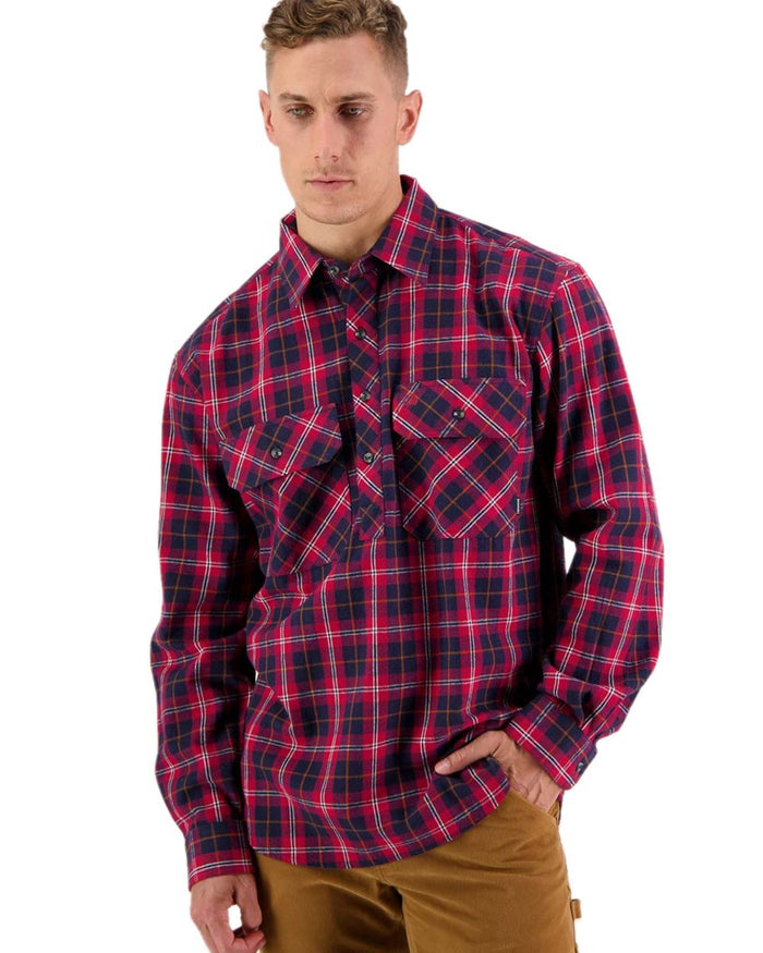 Red Coloured Swanndri Mens Barn Shirt on white background #colour_red
