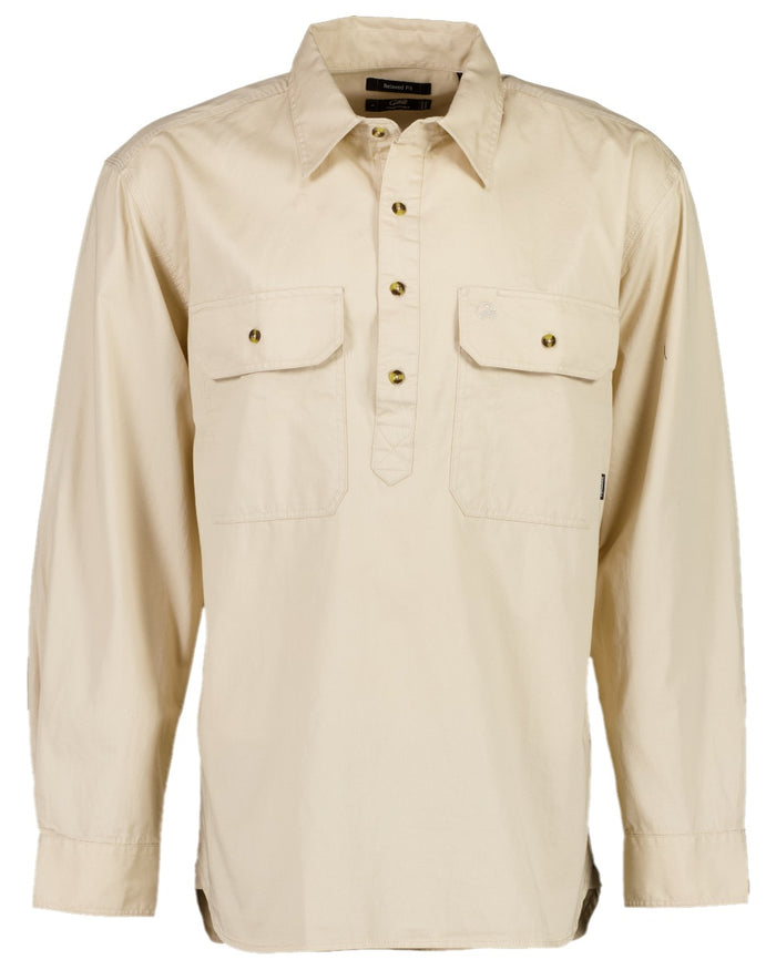 Bone Coloured Swanndri Mens Bendigo Long Sleeve Work Shirt on white background #colour_bone