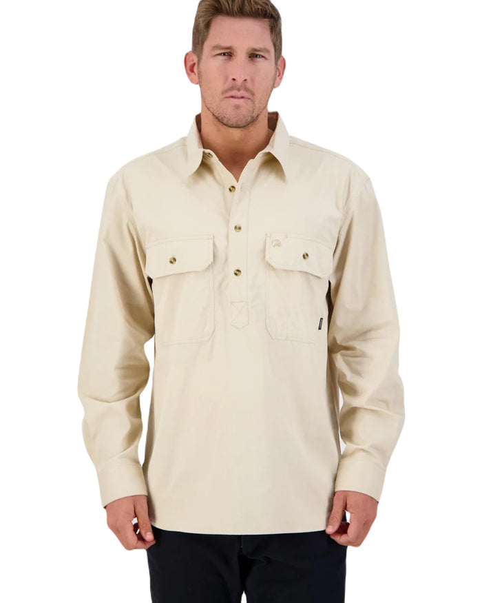 Bone Coloured Swanndri Mens Bendigo Long Sleeve Work Shirt on white background #colour_bone