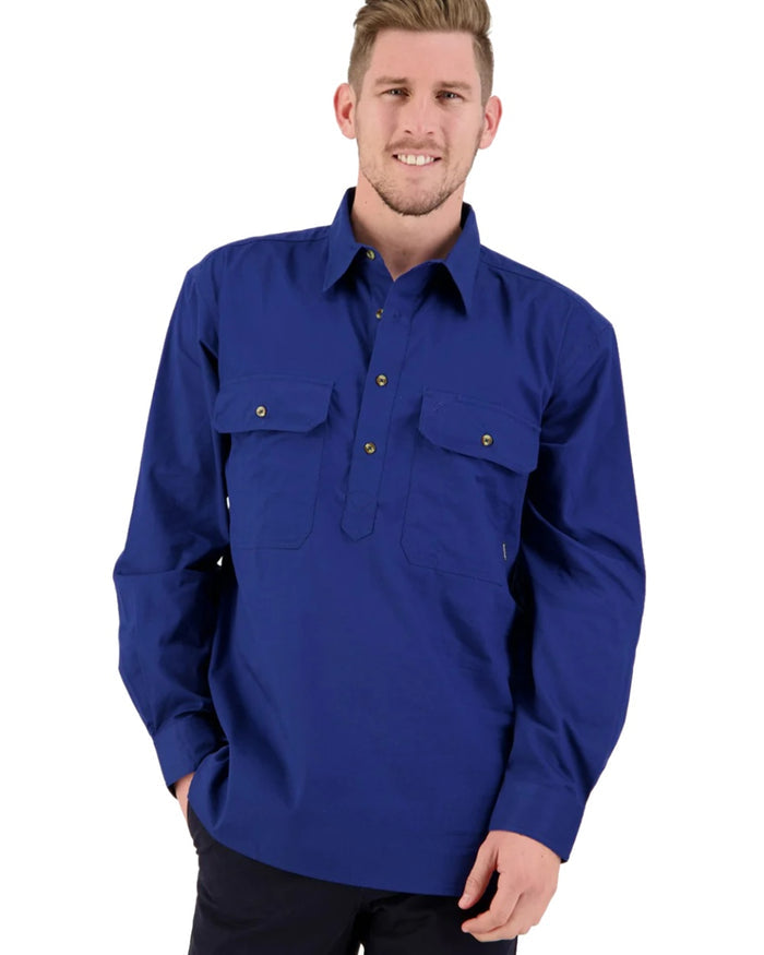 Navy Coloured Swanndri Mens Bendigo Long Sleeve Work Shirt on white background #colour_navy