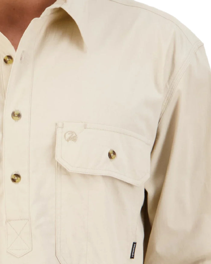 Bone Coloured Swanndri Mens Bendigo Long Sleeve Work Shirt on white background #colour_bone