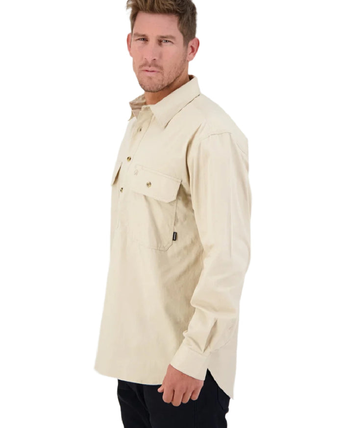 Bone Coloured Swanndri Mens Bendigo Long Sleeve Work Shirt on white background #colour_bone