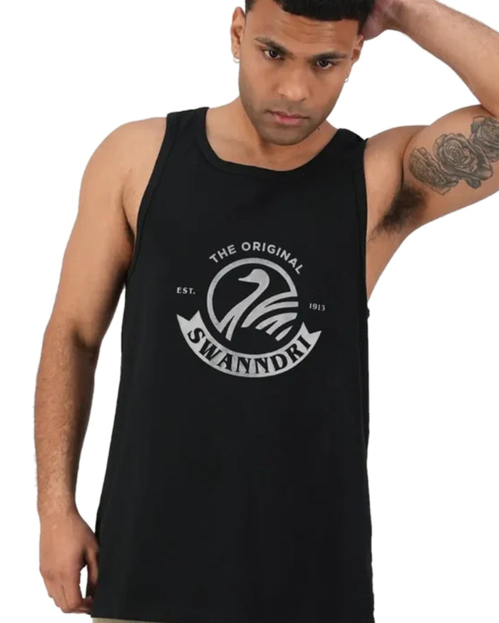 Black White Coloured Swanndri Mens Classic Singlet on white background #colour_black-white