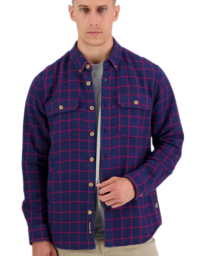 Red Coloured Swanndri Mens Emerson St Long Sleeve Shirt on white background #colour_red