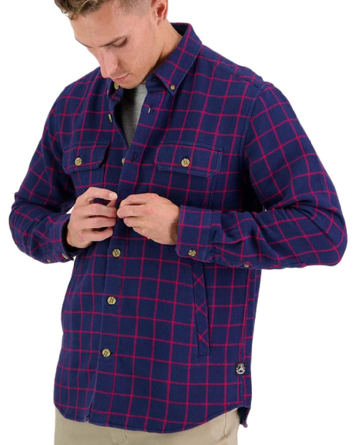 Red Coloured Swanndri Mens Emerson St Long Sleeve Shirt on white background #colour_red