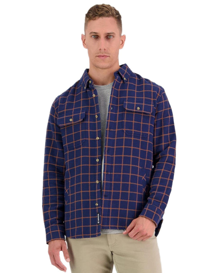 Tan Coloured Swanndri Mens Emerson St Long Sleeve Shirt on white background #colour_tan