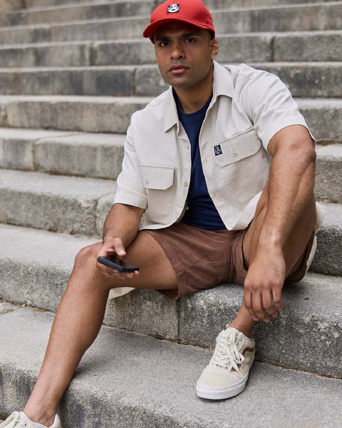 Light Taupe Coloured Swanndri Mens Fundamentals Short Sleeve Work Shirt on stair background #colour_light-taupe