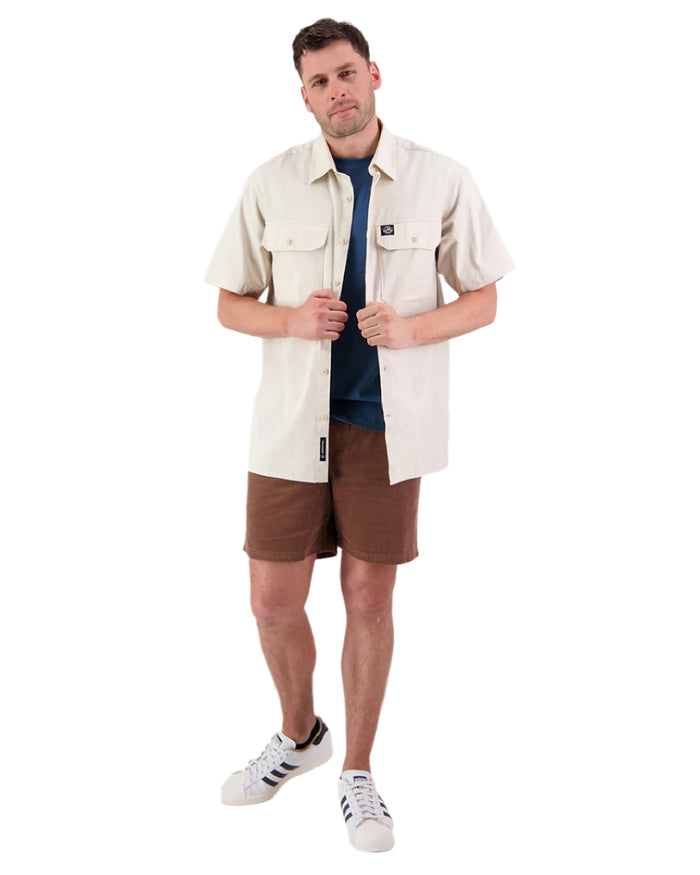 Light Taupe Coloured Swanndri Mens Fundamentals Short Sleeve Work Shirt on white background #colour_light-taupe